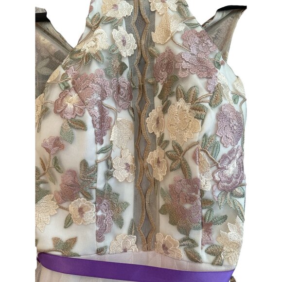 Floral Embroidered Halter Maxi Dress With Ruffled Tulle Skirt & Purple Waist Tie - Picture 5 of 16